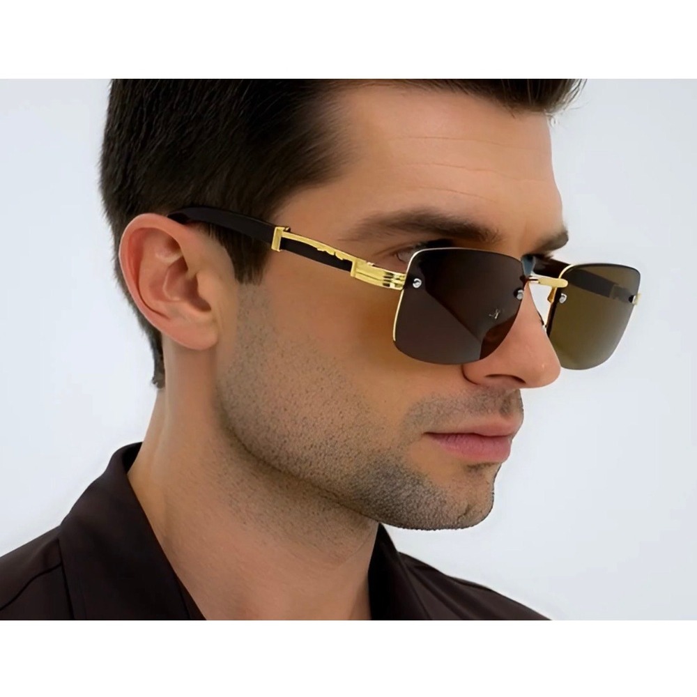 Rimless Sunglasses Square Dark Brown Lens Gold Trendy Classic Retro Shades Gafas